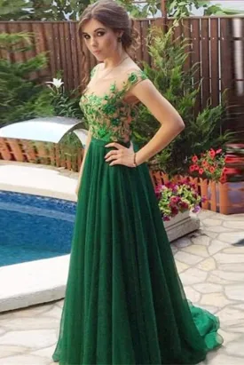 A Line Appliques Cheap Sweetheart Round Neck Green Tulle Long Prom Dresses JS54