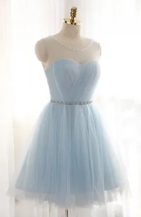 A-Line Jewel Light Blue Tulle Short Homecoming Dress 2024 with Beading Pleats