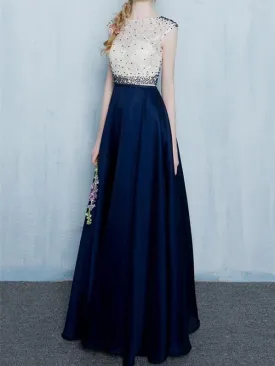 A-line Scoop-Neck Floor-Length Satin Beaded Prom Dresses HX00144