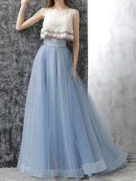 A-line Scoop-neck Floor-Length Tulle Lace Appliqued Beaded Two Piece Prom Dresses ASD26846