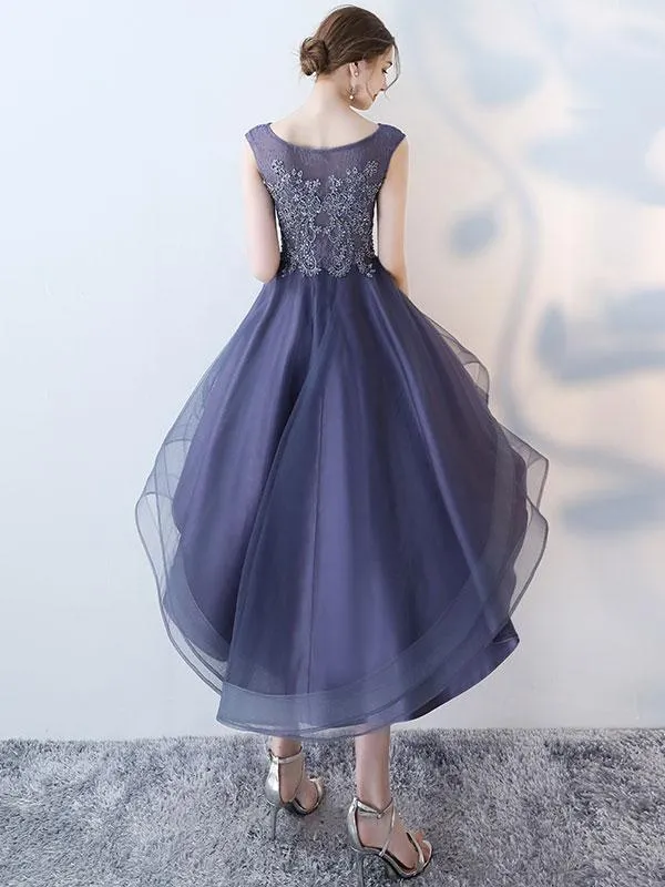 A-line Scoop-Neck Mini High-Low Tulle Short Appliqued Homecoming Dresses APD2763