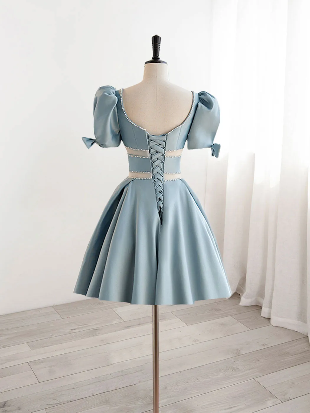 A-Line Square Neckline Blue Short Prom Dress, Cute Blue Homecoming Dress