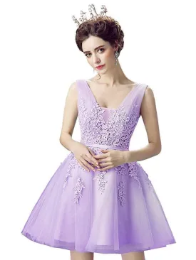 A-line V-Neck Mini Tulle Appliqued Homecoming Dresses 2775