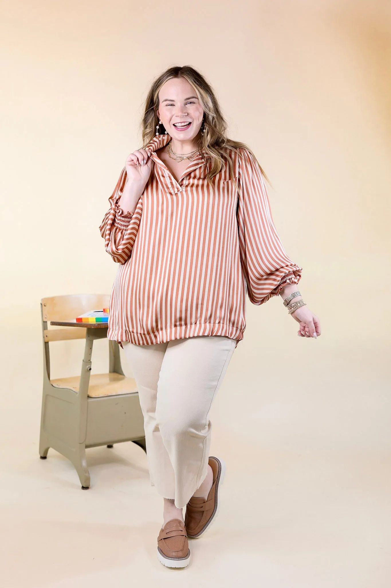 Back To Classic Long Sleeve Striped Top in Dusty Coral Orange