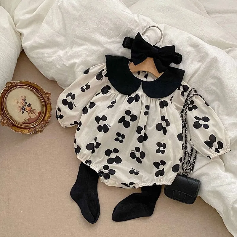 Black Collar Floral Long Sleeve Romper