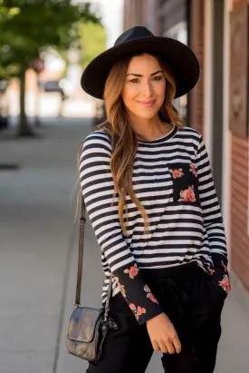 Black Striped Floral Accent Long Sleeve Tee