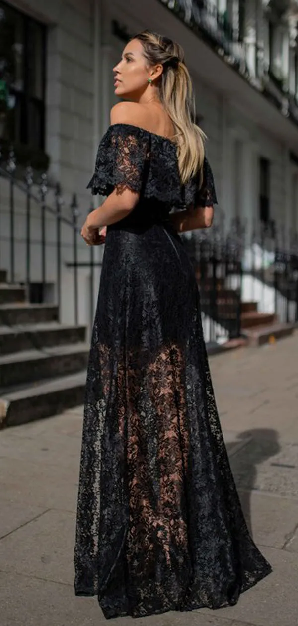 Charming Black Lace Off Shoulder Front Slit A-line Prom Dresses.PD00269