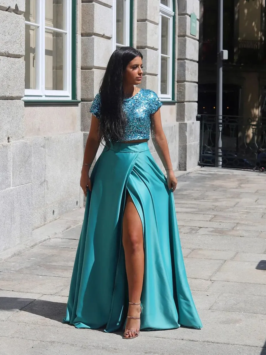 Chic Sequins Satin Floor-length Two-piece A-line Prom Dresses PD605