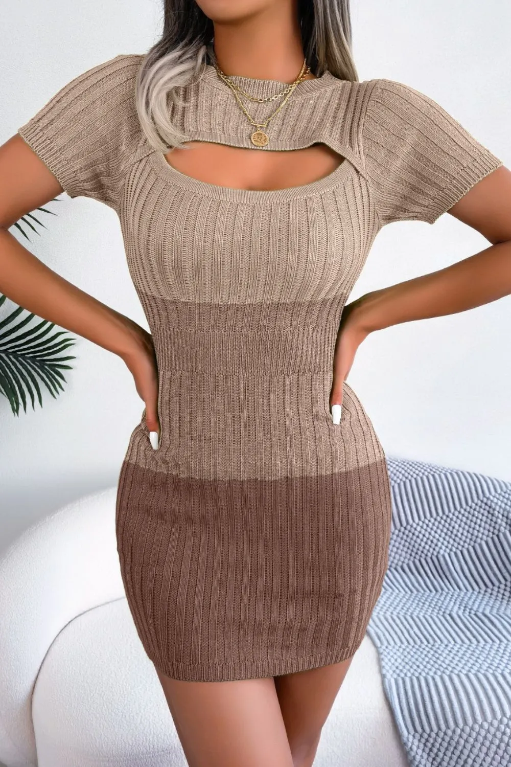 Color Block Cutout Short Sleeve Sweater Dress - 3 colors