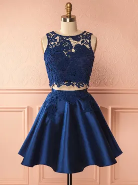 Dark Blue Two Piece Bateau Lace Appliques Satin Short Prom Dress OC137