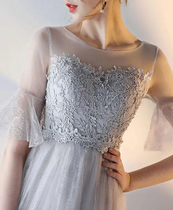 Elegant Gray Tulle A-Line Short Sleeves Lace Prom Dresses Evening Dress, SP627