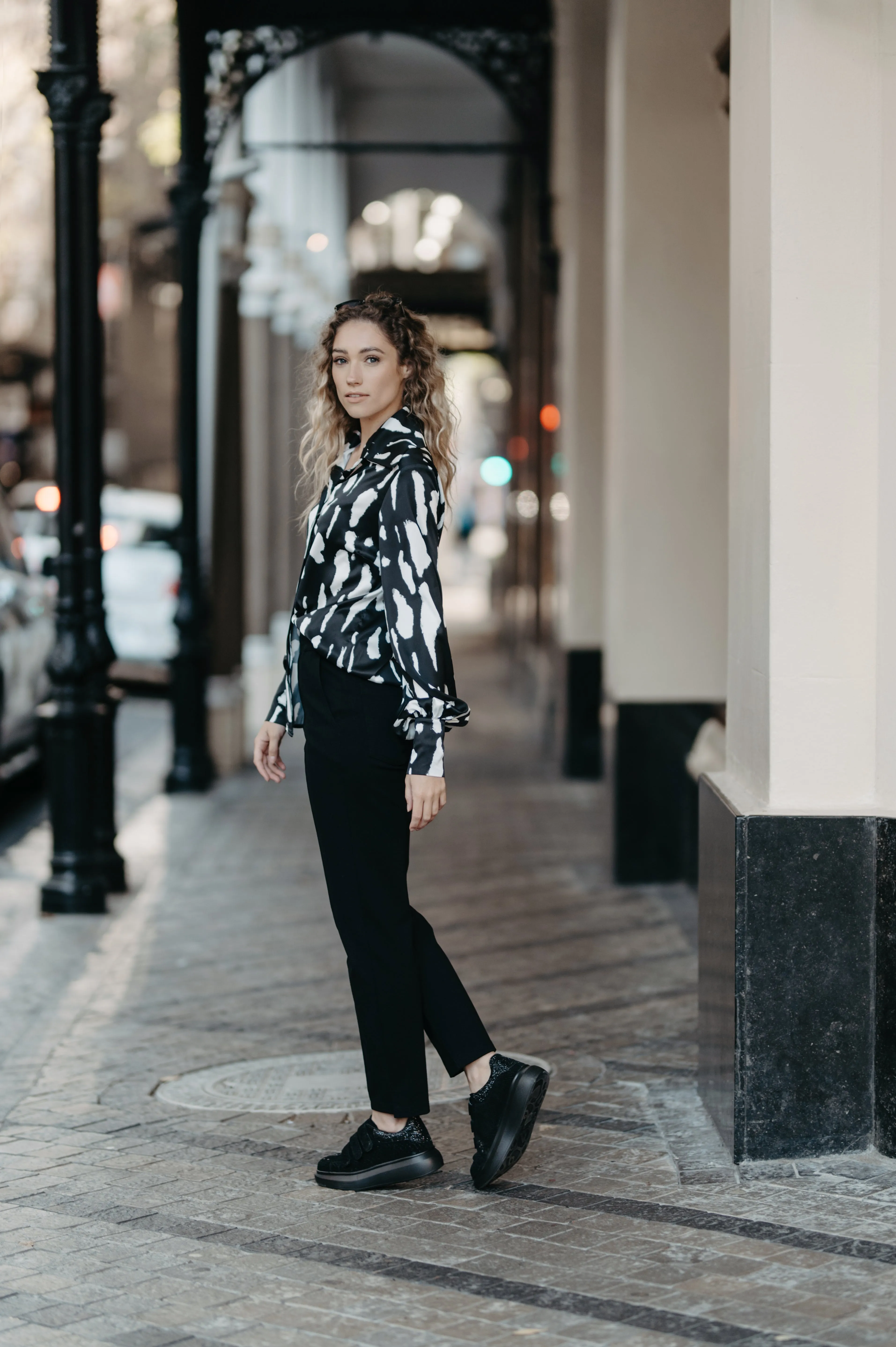 Elle Classic Shirt | Black and White Satin