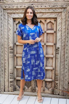 Esiteri Linen Dress - Royal Blue Geo