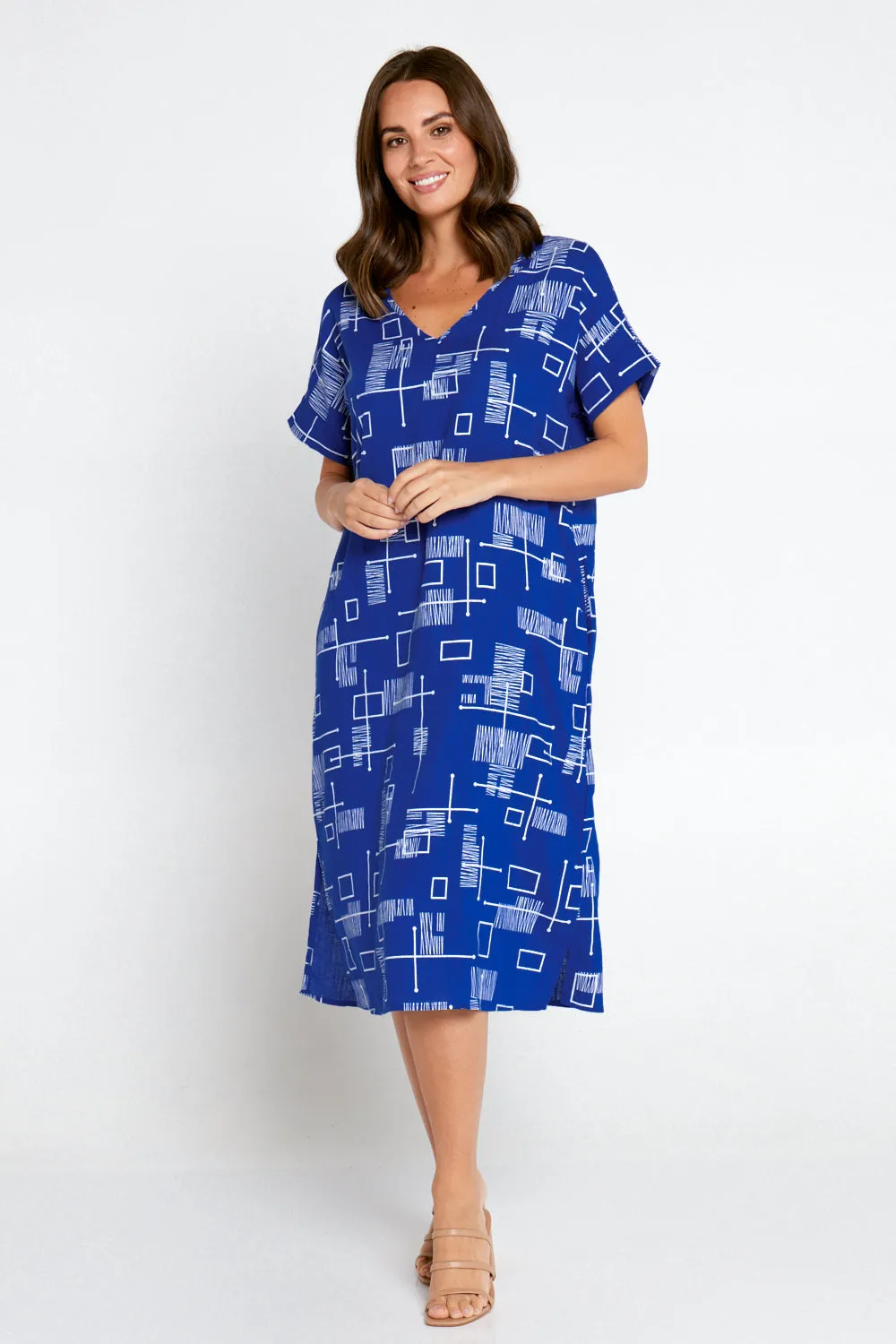 Esiteri Linen Dress - Royal Blue Geo