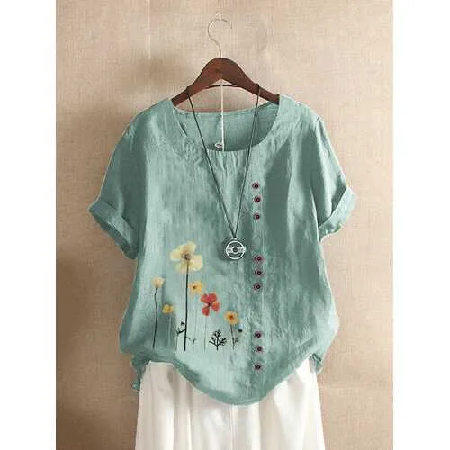 Flower Print Button T-shirt