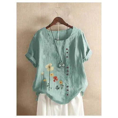 Flower Print Button T-shirt