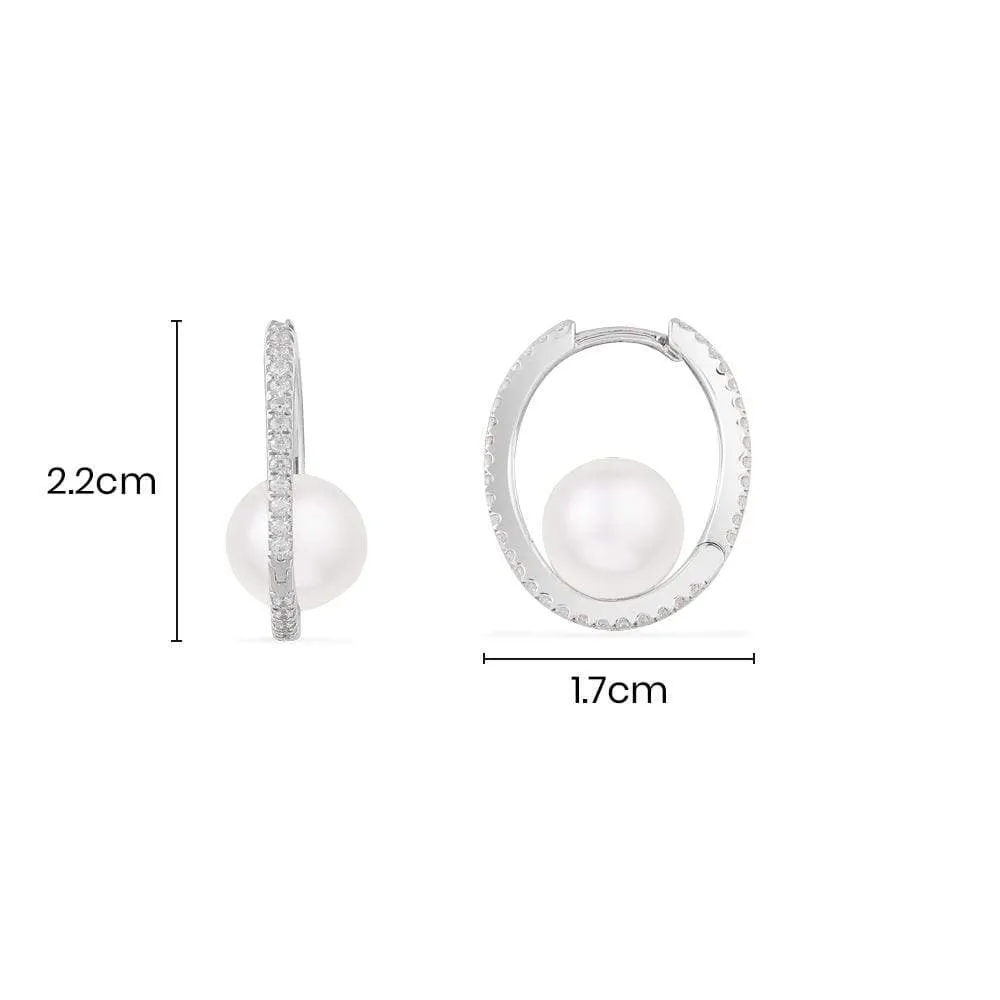 Hoop Earrings with Pearls - White Silver