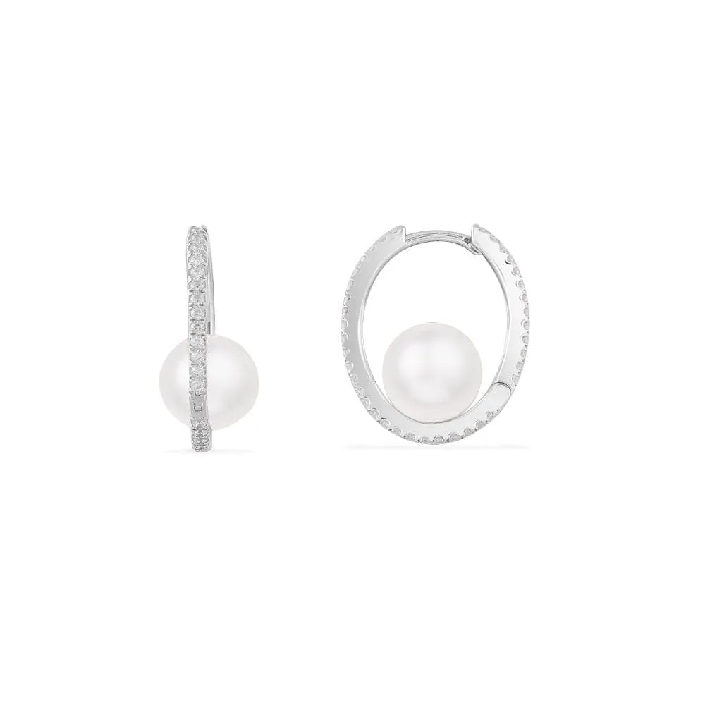 Hoop Earrings with Pearls - White Silver