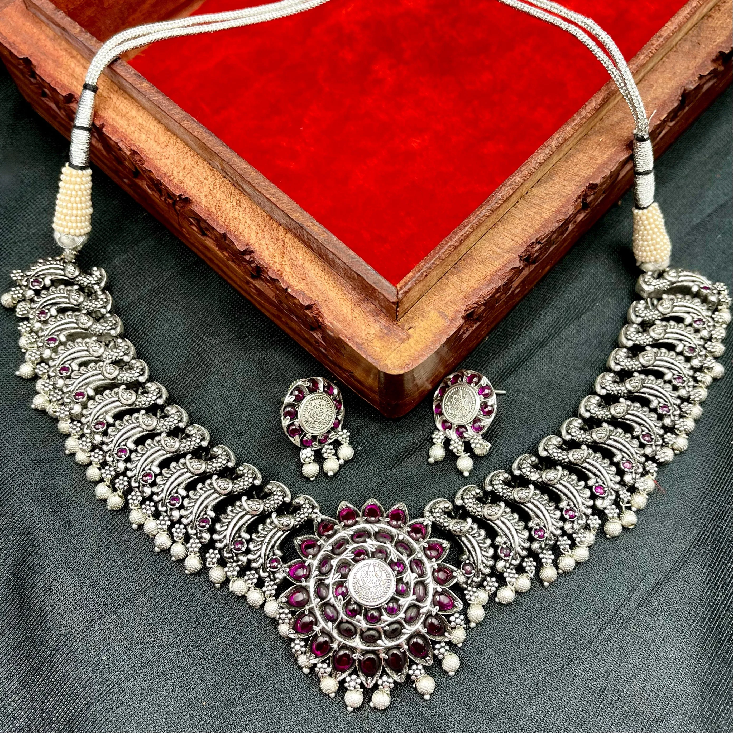 Lakshmi coin & Peacock Kemp Matte Silver Alike Necklace