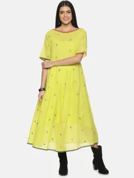 Lemon green ankle-length handloom Jamdani dress