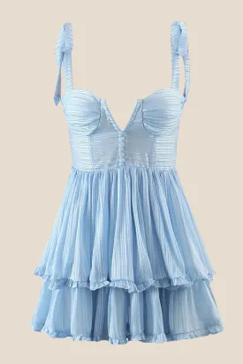 Light Blue Button Front Tiered Short Dress