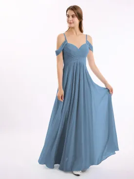 Off Shoulder Spaghetti Strap Chiffon Dresses Slate Blue