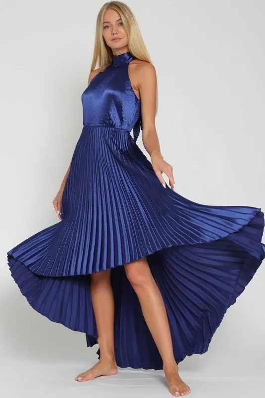 Pleated High Low Halter Dress