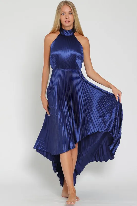 Pleated High Low Halter Dress