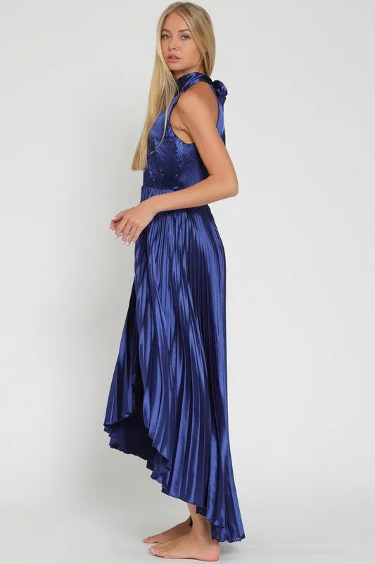 Pleated High Low Halter Dress