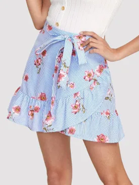 Stripe And Flower Print Overlap Ruffle Skirt