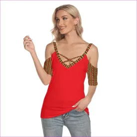 Striped Galore Women's Cold Shoulder T-shirt With Criss Cross Strips