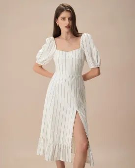 The Beige Puff Sleeve Striped Split Cotton Midi Dress