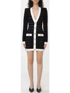 Women’s Black and White Button-Front Short Knit Cardigan Dress